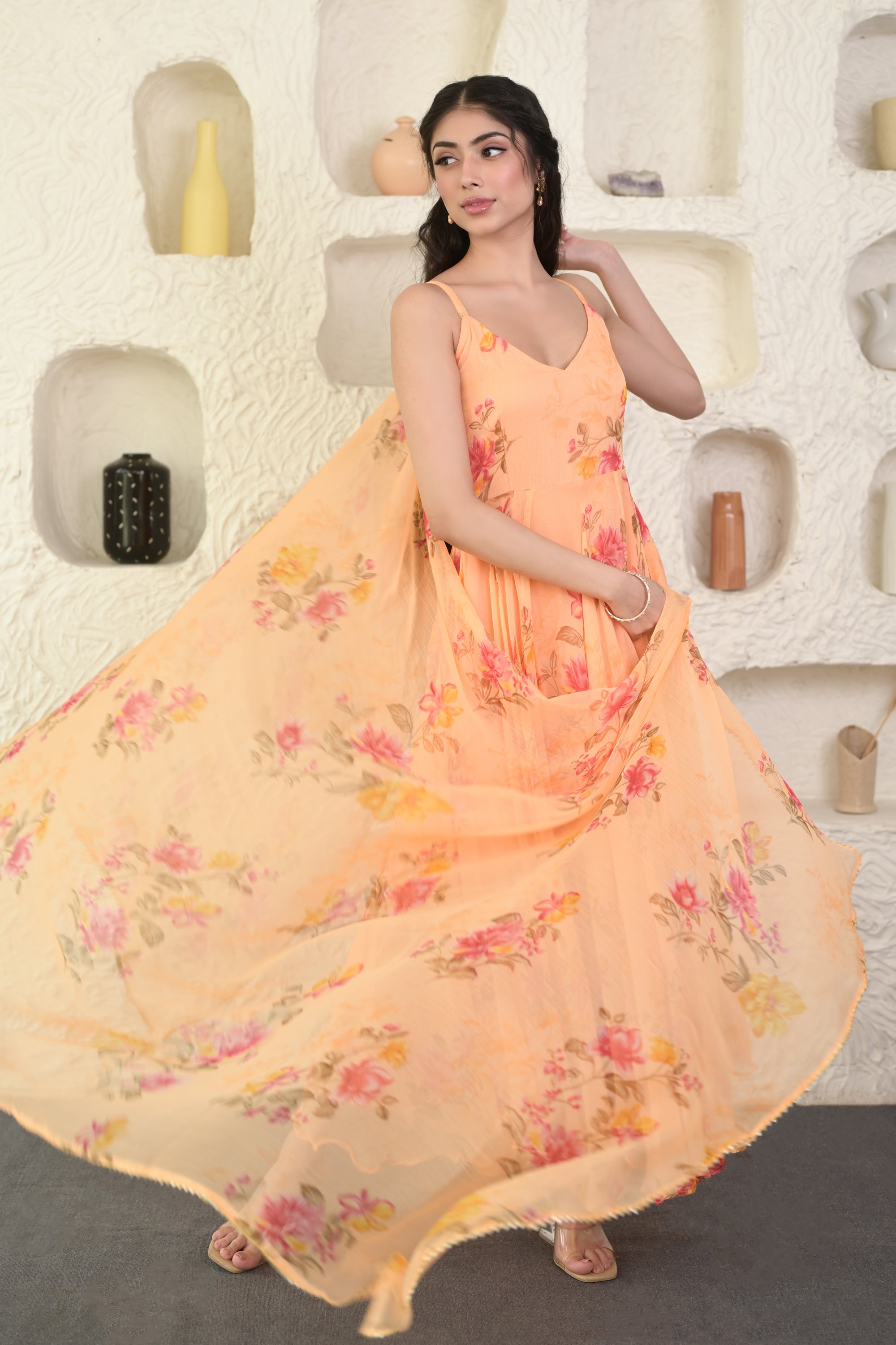Women's Peach Floral Maxi Dress with Dupatta (2 Pc Set)