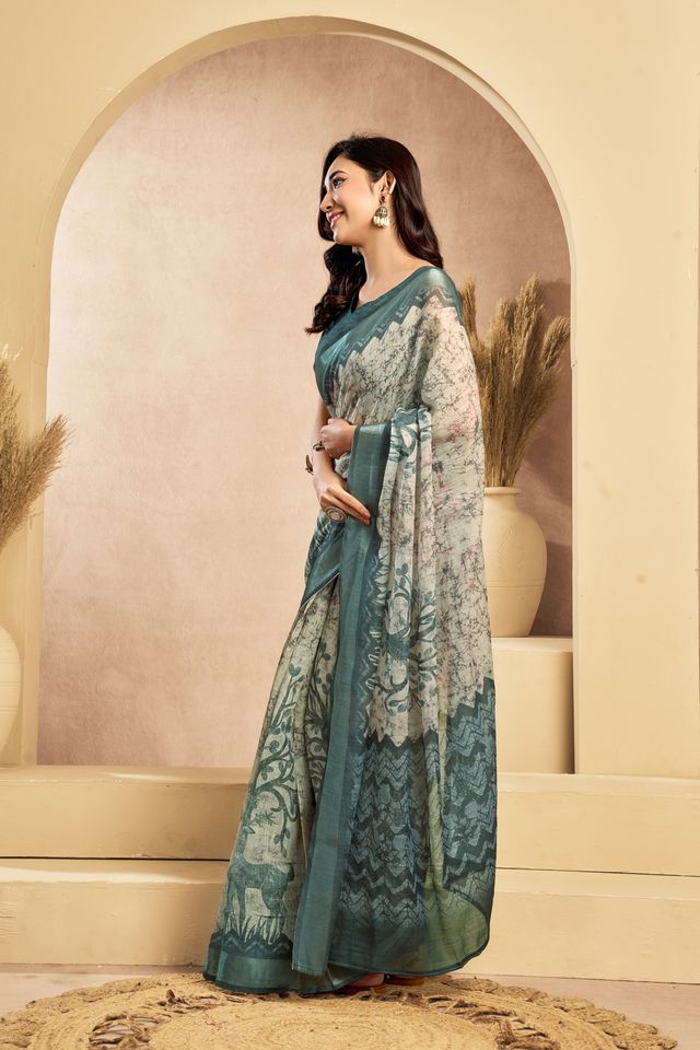 Women's Stone Grey, Black Linen Printed Saree