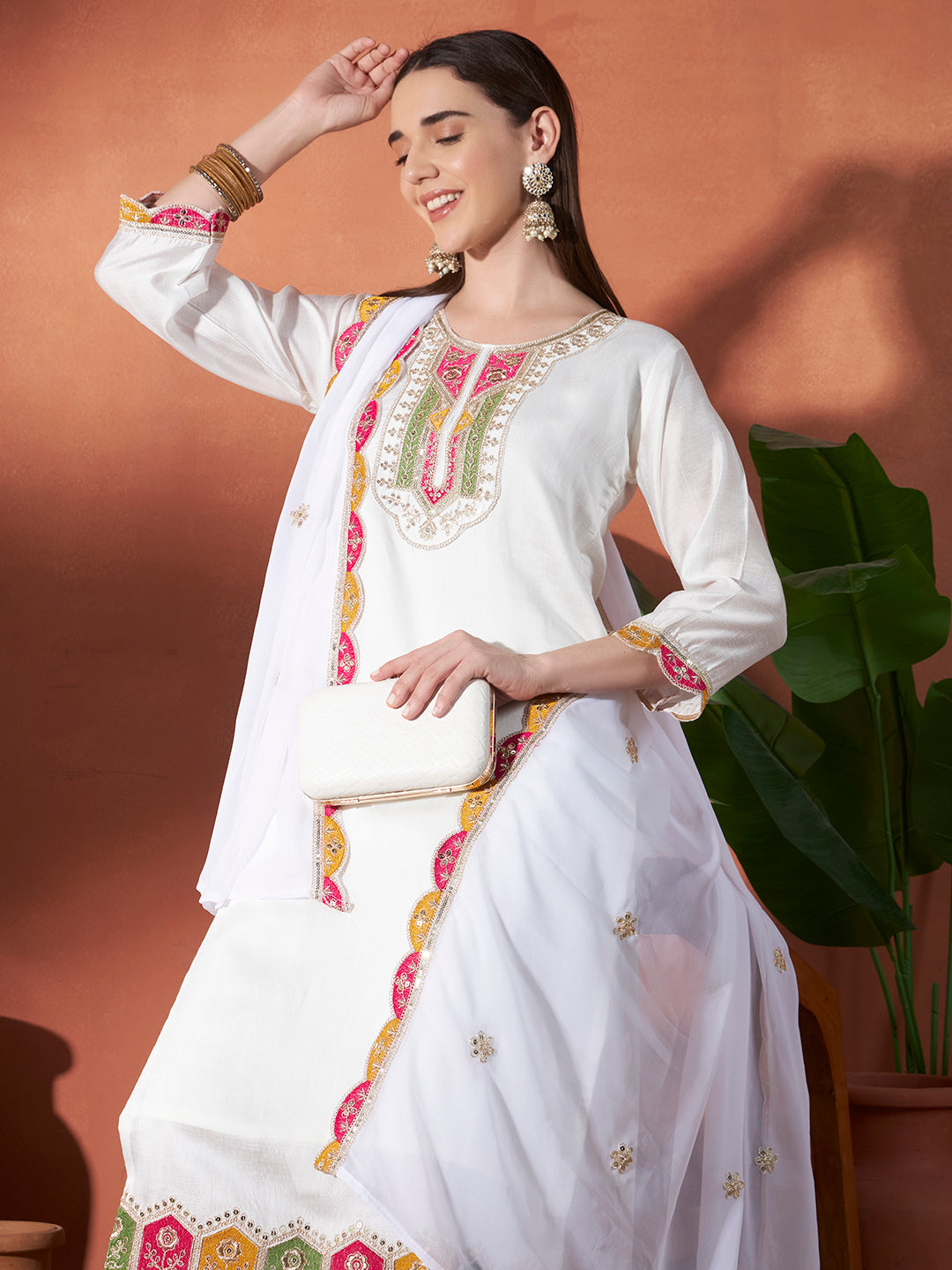 Women's White Vertigan Embroidery Work Kurta Set