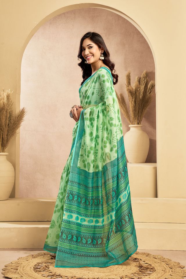 Women's Green Chanderi Cotton Printed Saree