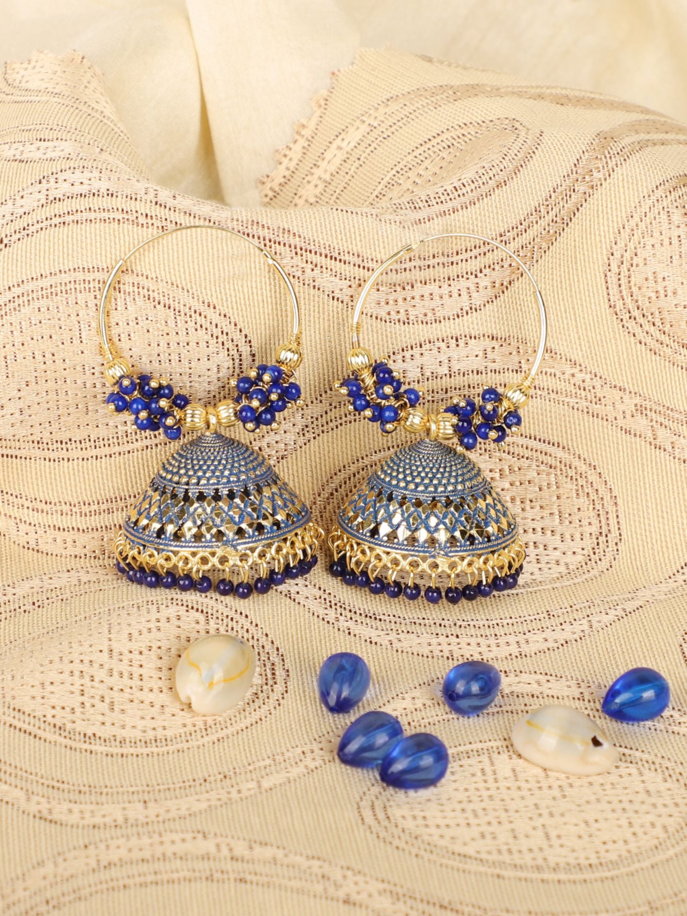 Women's Traditonal Gold Plated Enamelled Blue Dome Shape Jhumki With Bali