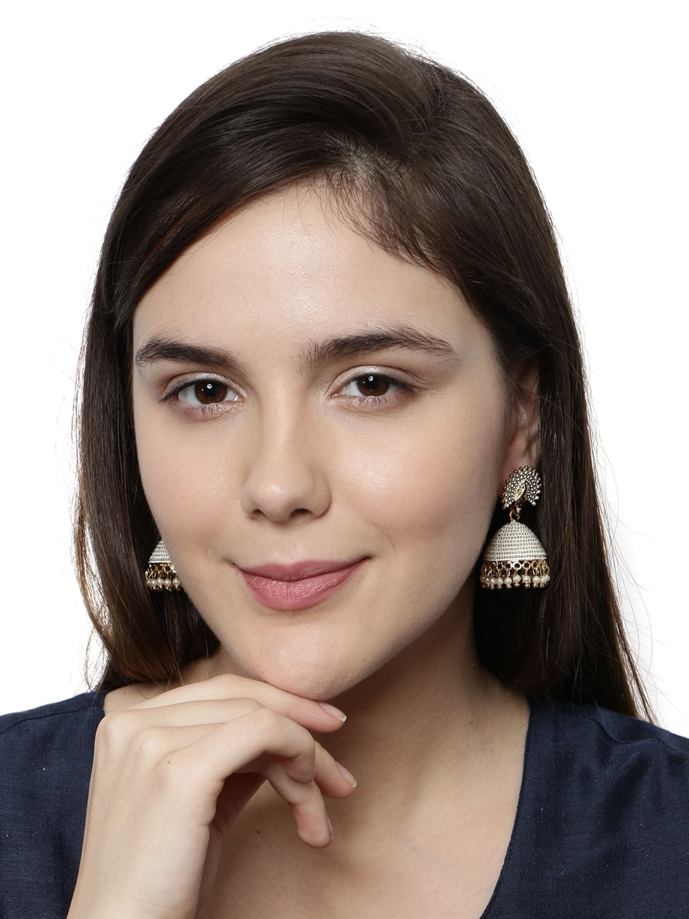 Women's Gold Plated & White Peacock Shaped Enamelled Jhumkas
