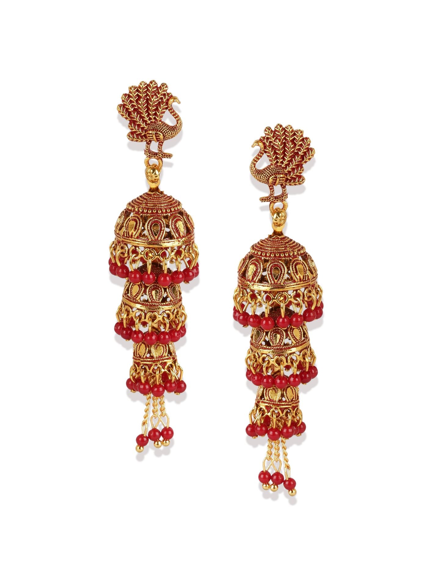 Women's Gold Plated & Red Enamelled Peacock Shaped Jhumkas