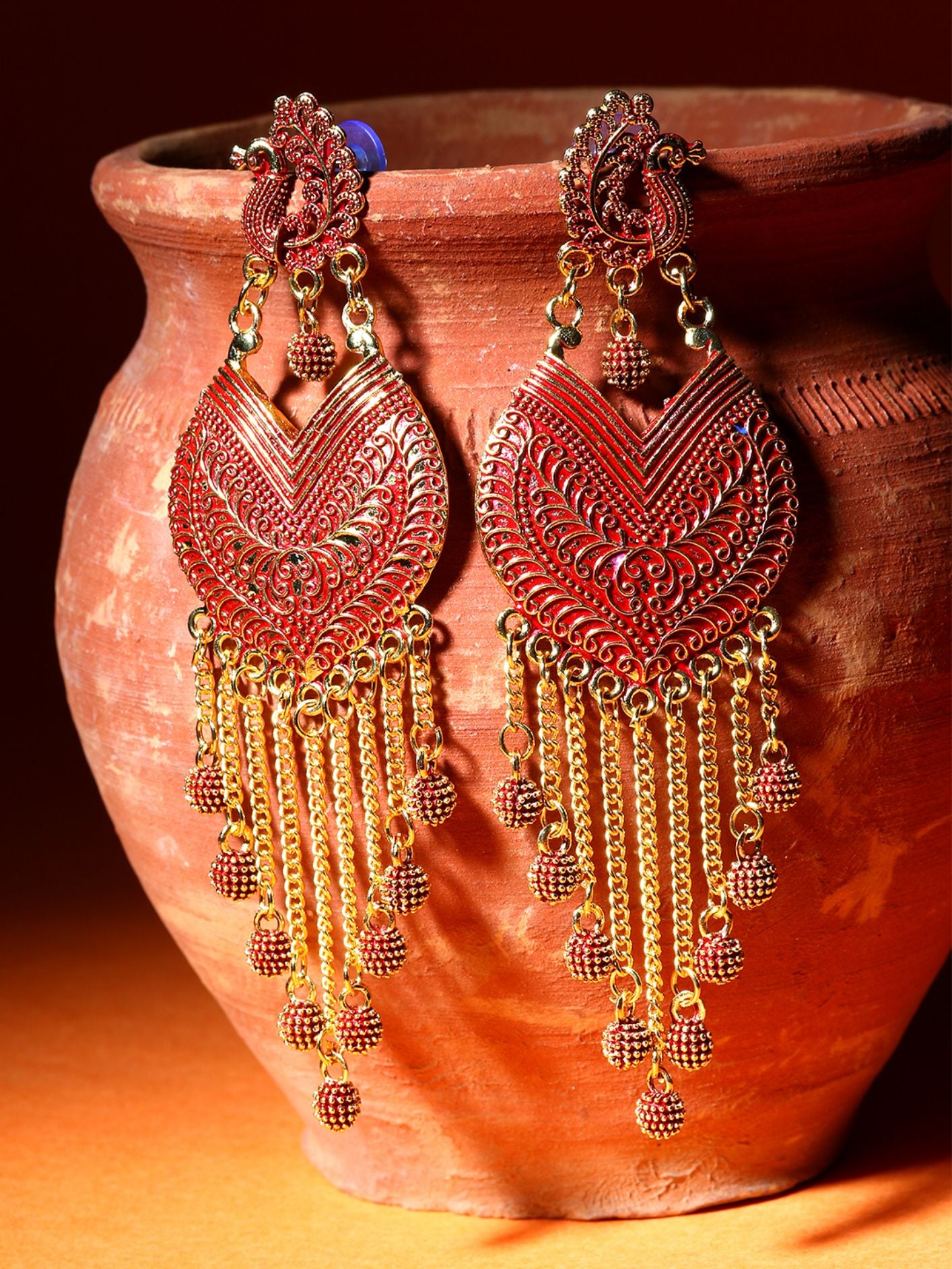 Women's Red & Gold-Plated Enamelled Peacock Shaped Drop Earrings