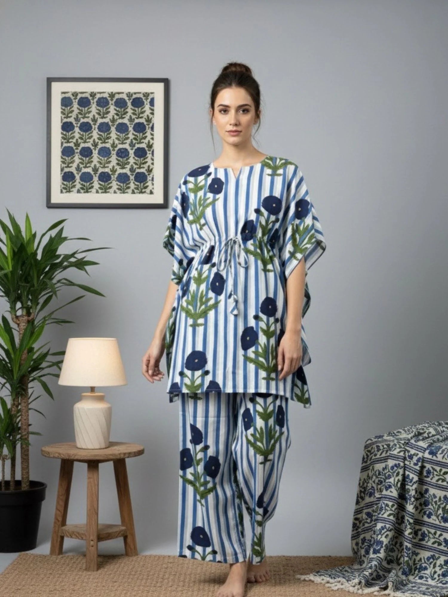 Women's Blue Floral Kaftan Night-Suit Set