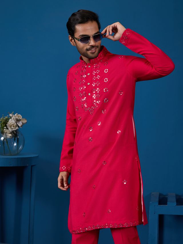 Men's Rani Viscose Slik Real Mirror Work With Threads Kurta Set