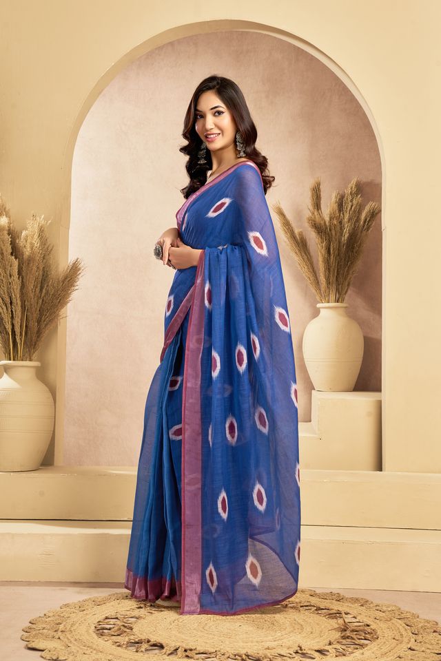 Women's Dark Blue, Maroon Linen Printed Saree