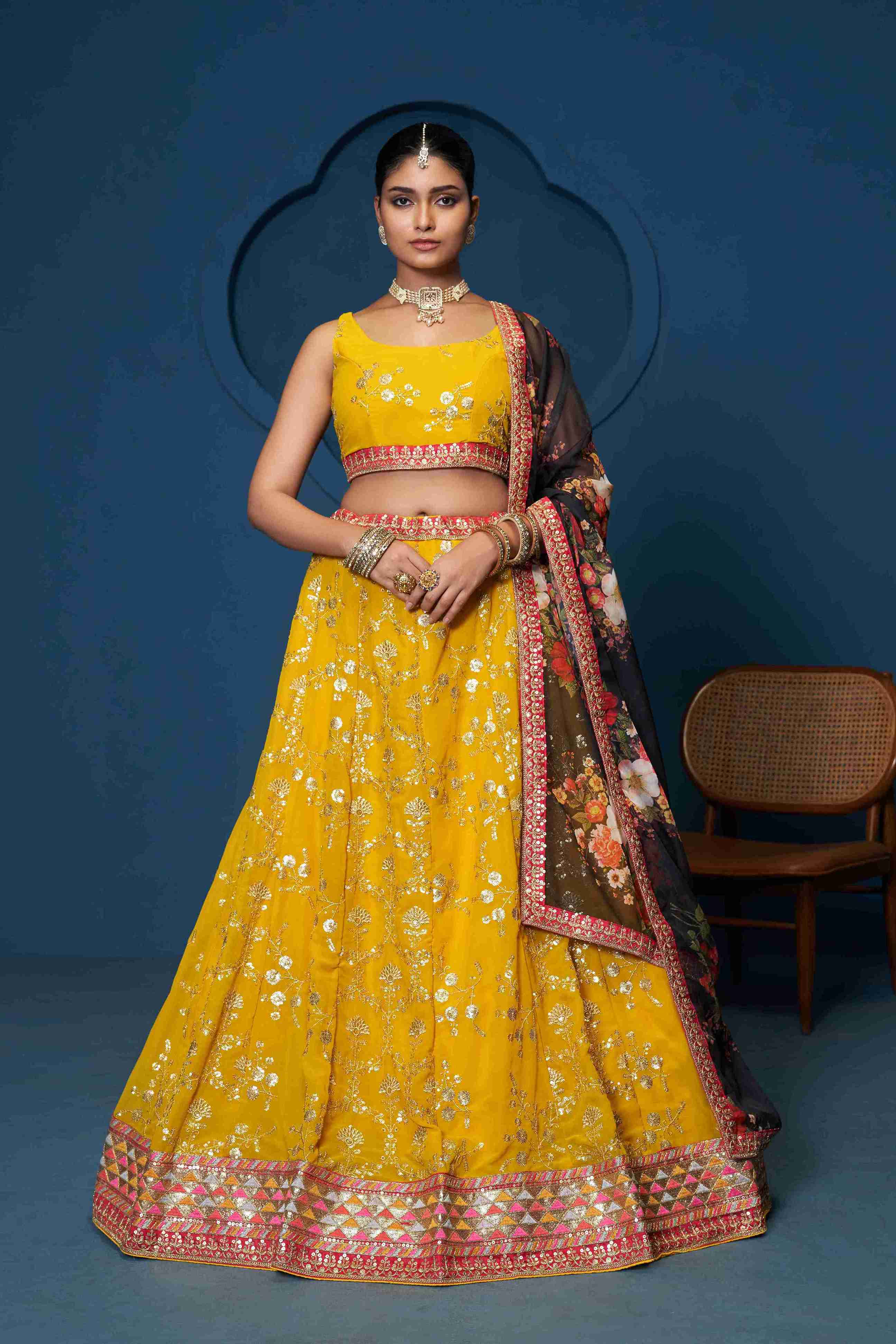 Women's Yellow Georgette Embroidered Lehenga Set