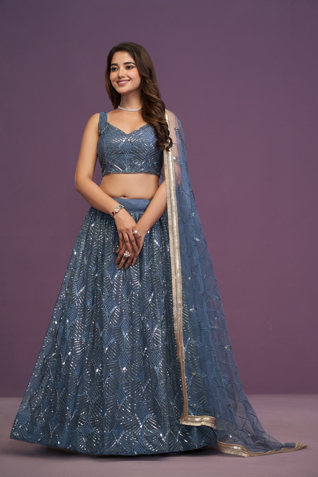 Women's Blue Soft Net Embroidered Lehenga Set