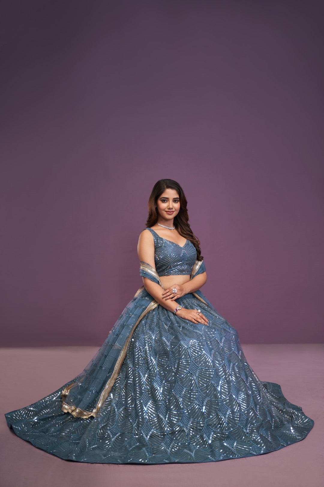 Women's Blue Soft Net Embroidered Lehenga Set