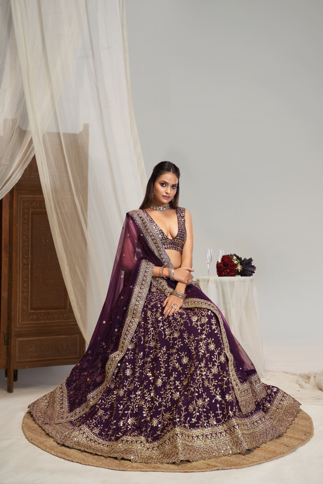 Women's Purple Georgette Embroidered Lehenga Set