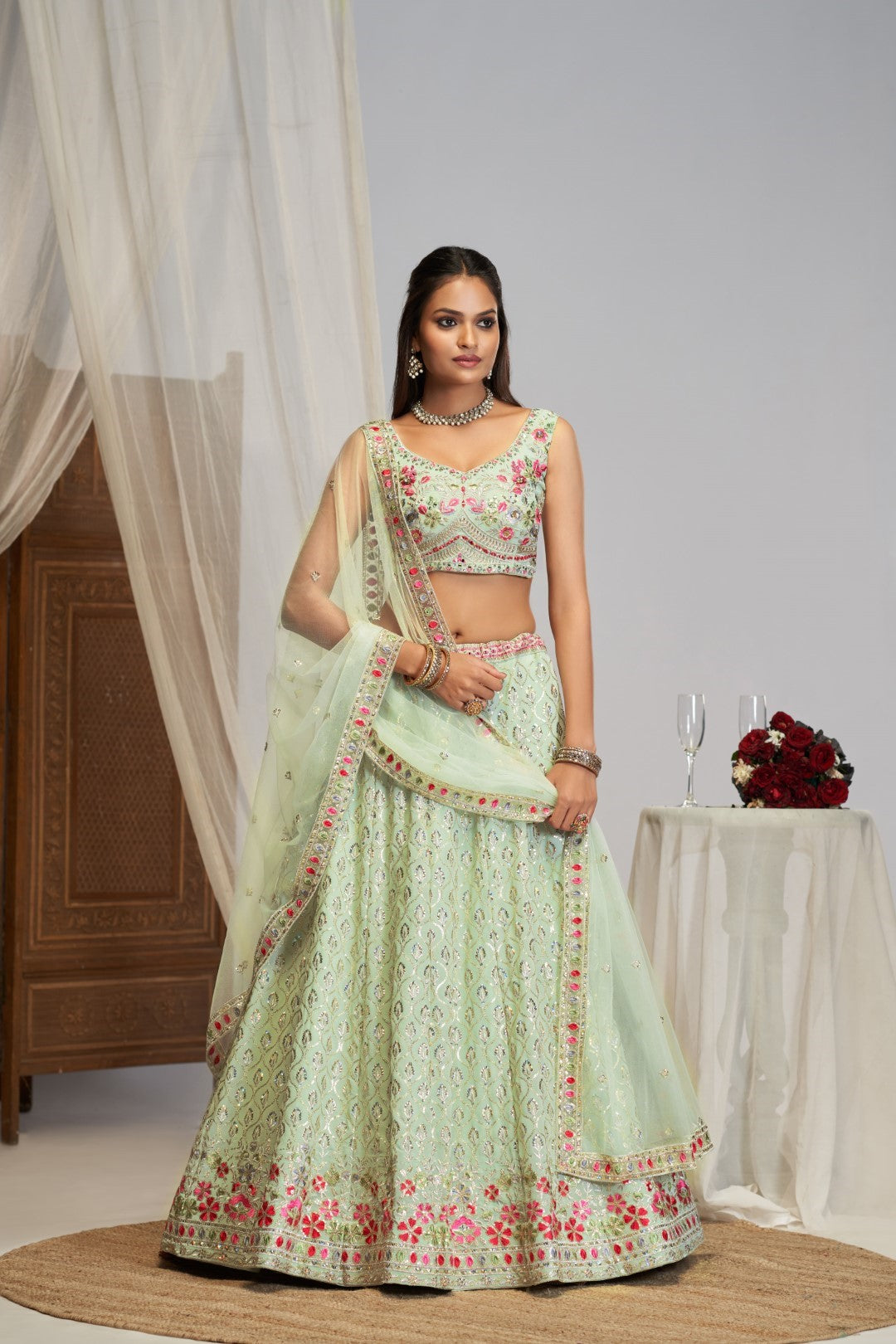 Women's Pista Green Georgette Embroidered Lehenga Set