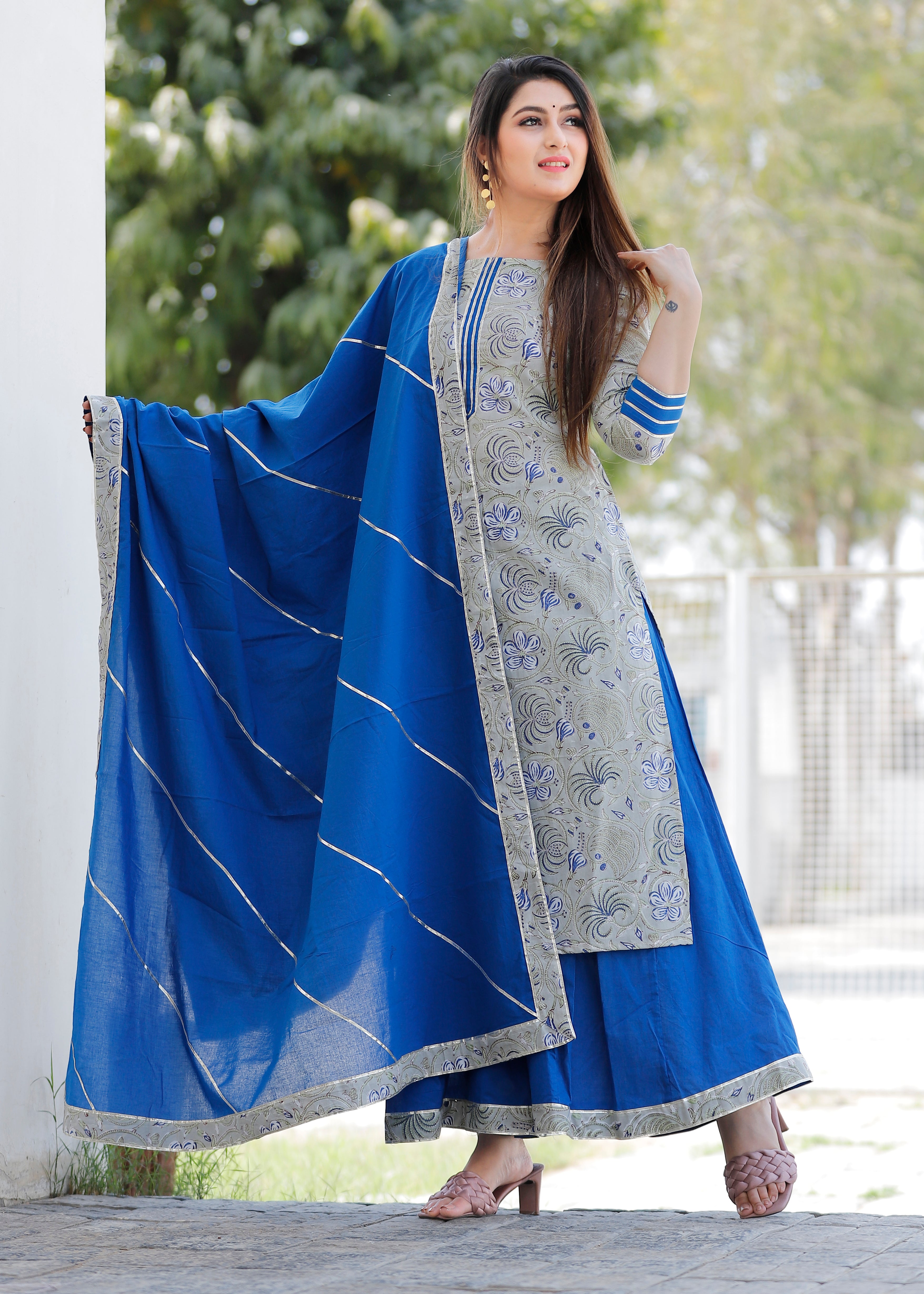 Women's Leaf Green Hand Block Printed Kurta With Blue Palazzo And Heavy Gota Work In Dupatta