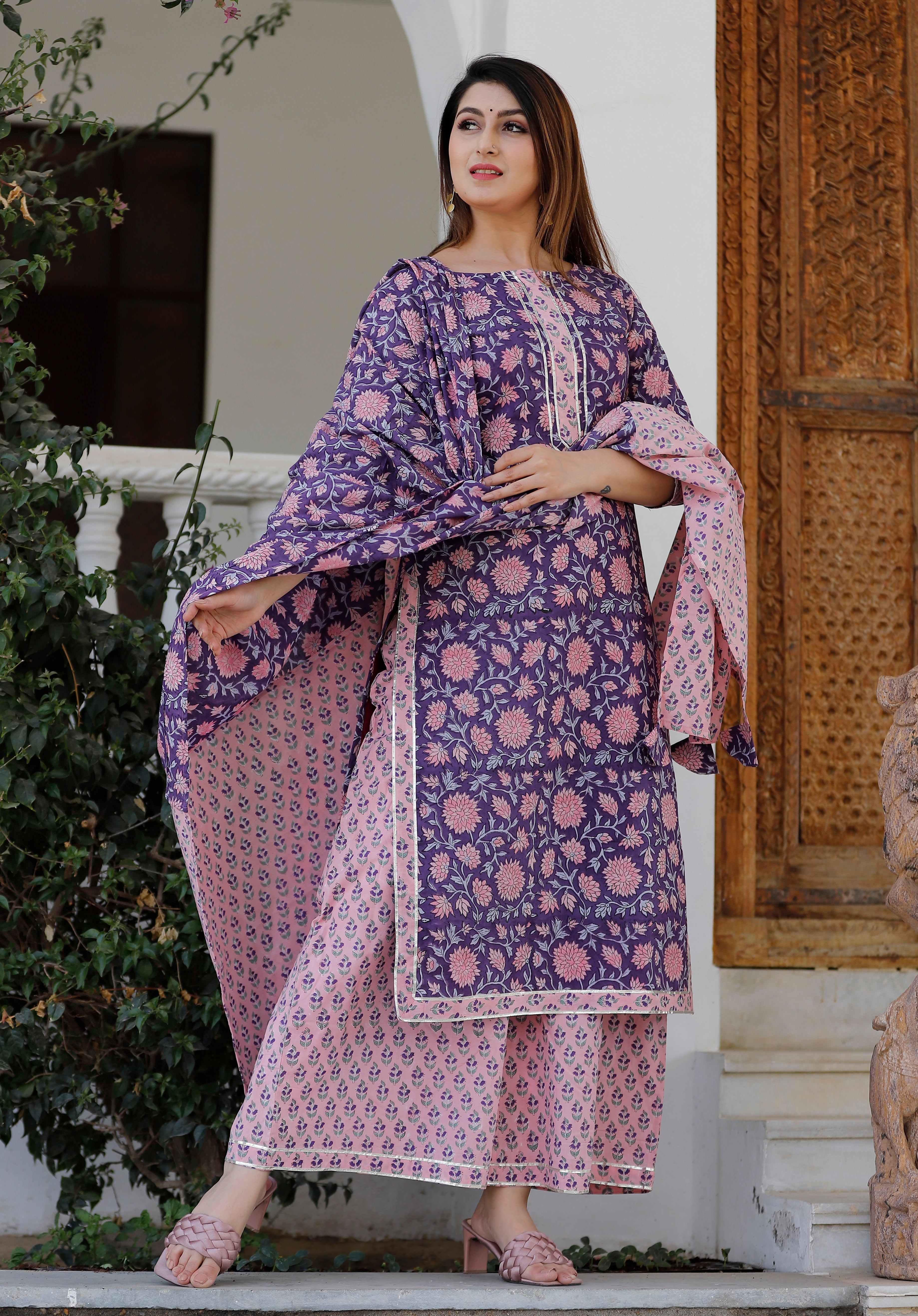 Women's Grape Violet Hand Block Printed Kurta And Rose Pink Palazzo With Dupatta