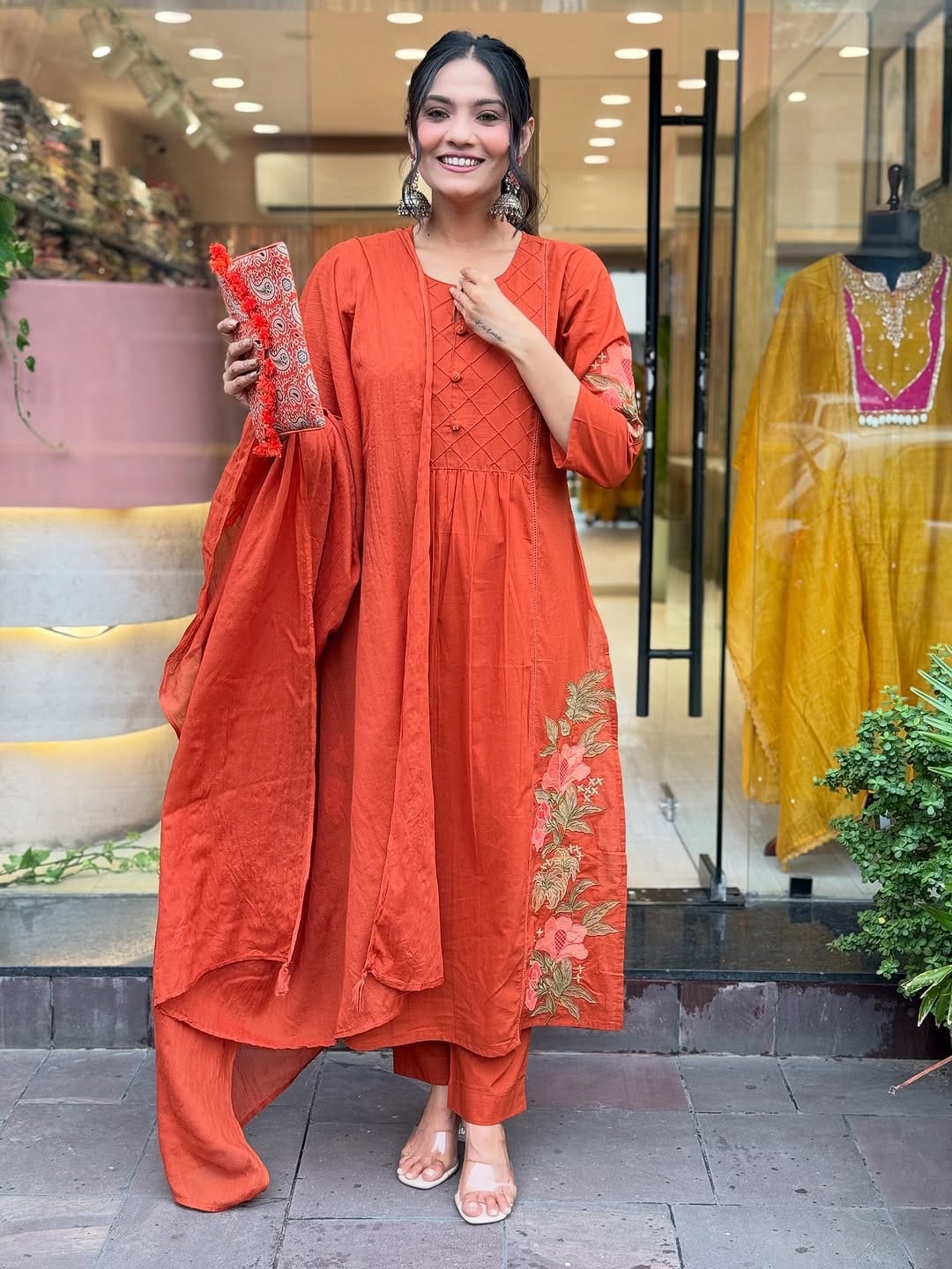 Women's Cotton Flared Kurti Pant Dupatta Set with Floral Embroidery & Tassel Work
