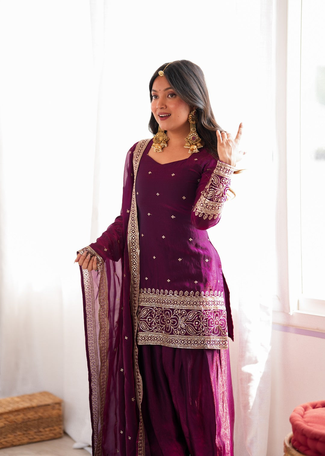 Women's Wine Silk Embroidery Salwar Set