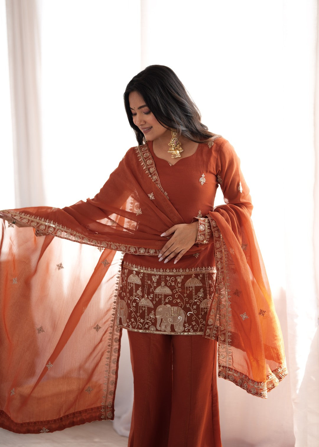 Women's Rust Silk Embroidery Sharara Set