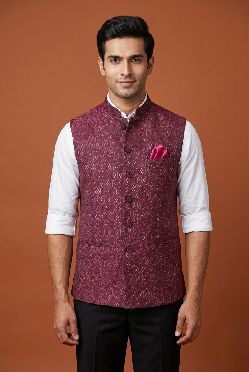 Men's Maroon Silk Zari Work Nehru Jacket