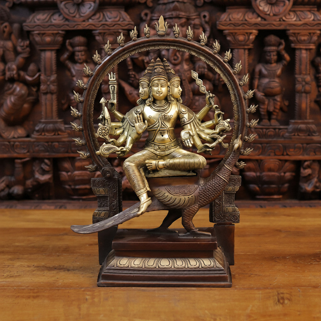 Brass Chatur Mukhi Kartik Idol with Peacock, Copper & Golden Finish, 17.5"