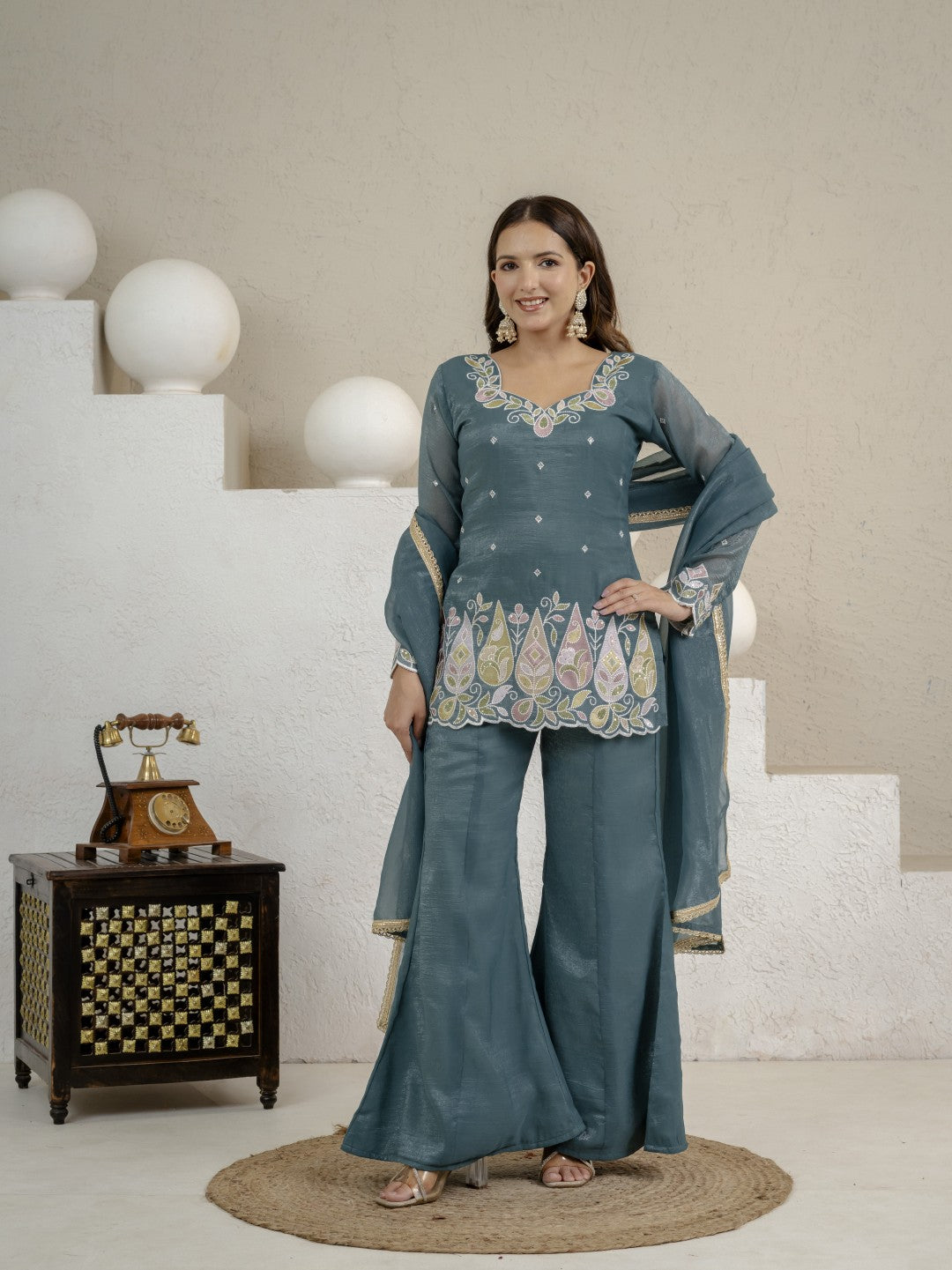 Women's Rama Green Fandy Silk Party Wear Embroidery Sharara Suit Set