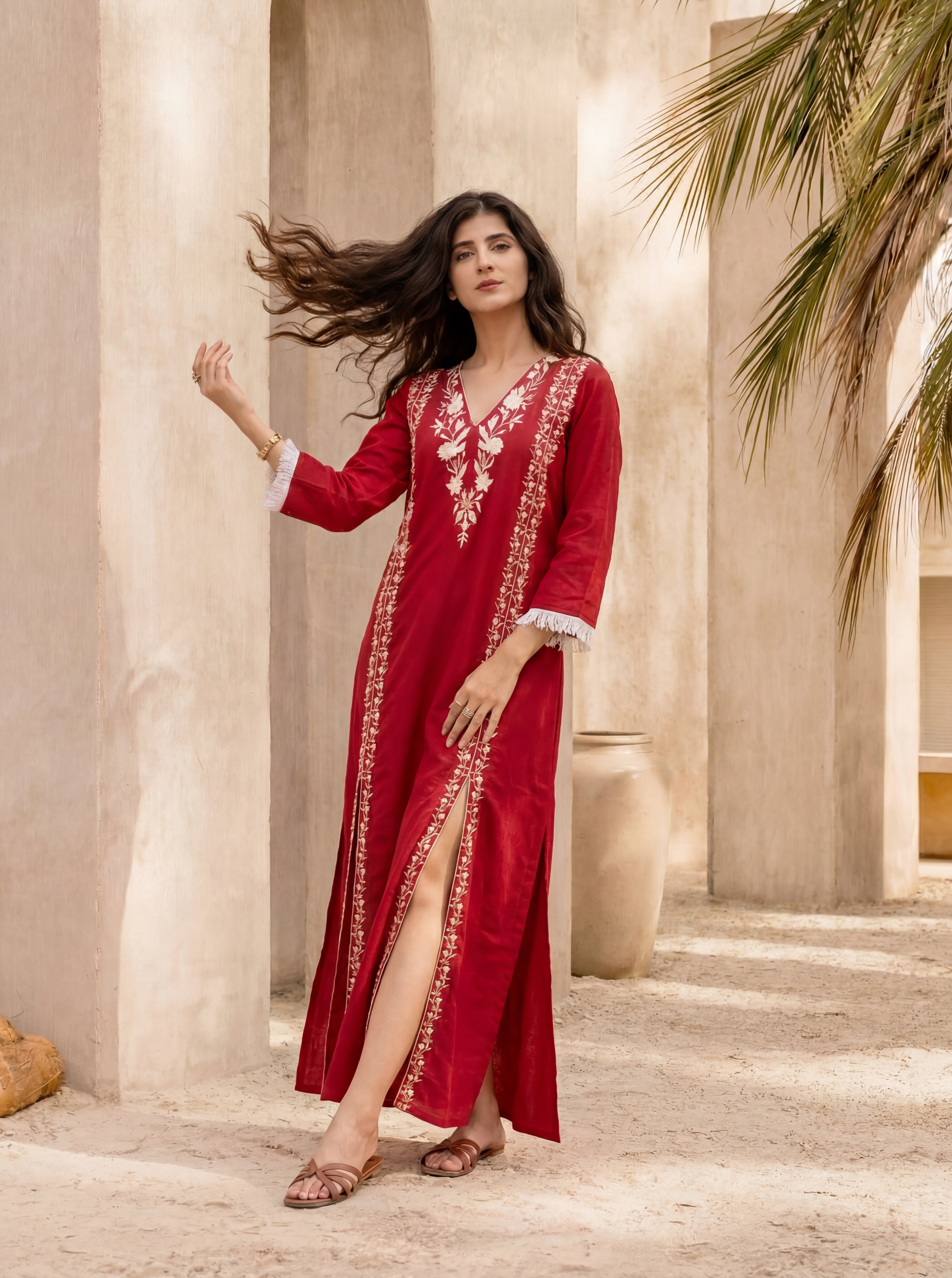 Women's Red Roman Silk Embroidered Maxi Dress