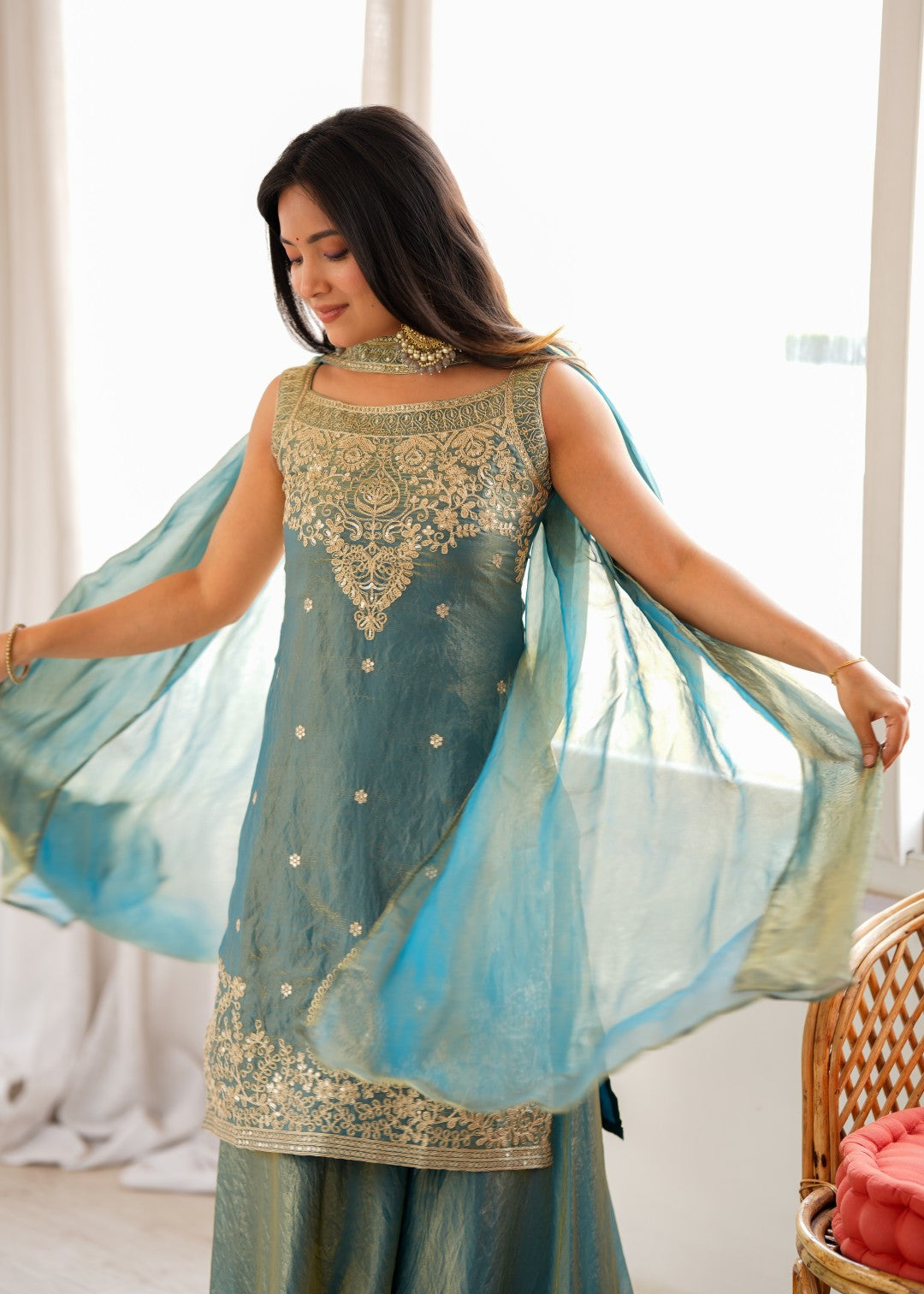 Women's Sea Green Silk Embroidery A-Line Sharara Set