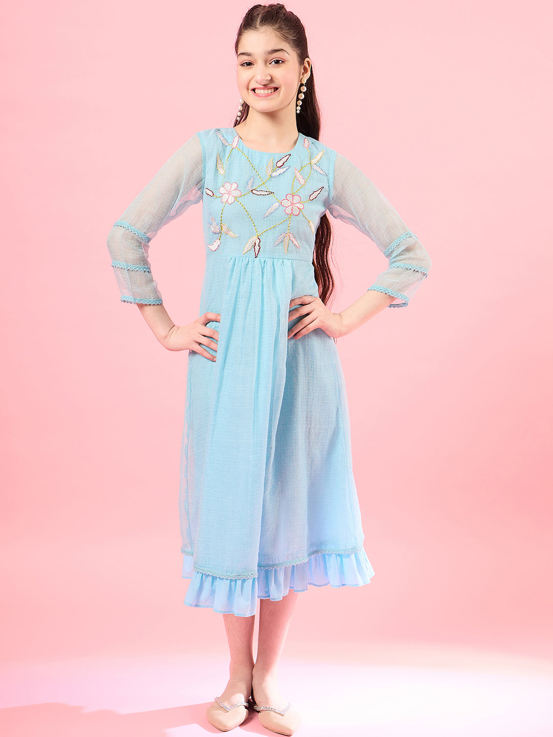 Girls Long Sleeves Round Neck Cotton Flare Midi Dress