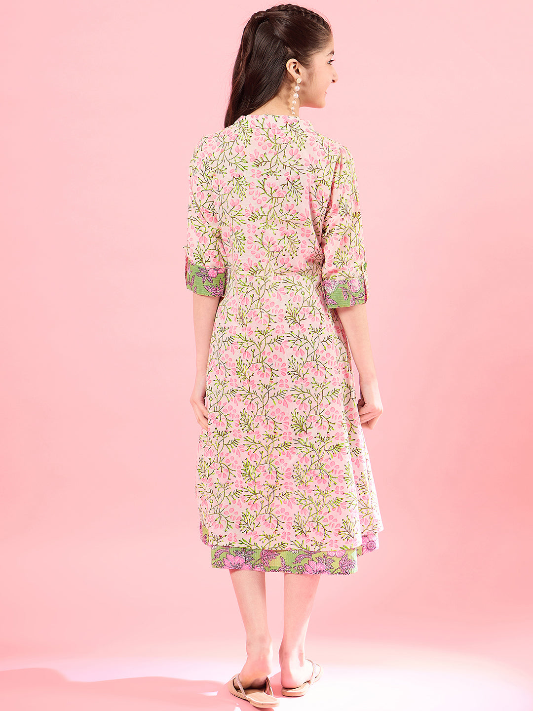 Girls Floral Print Square Neck Shoulder Straps Cotton A-Line Midi Dress