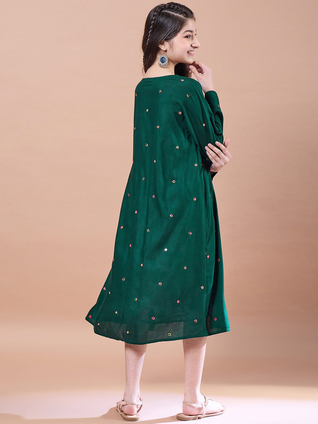Girls Floral Print Square Neck Empire Cotton Midi Dress
