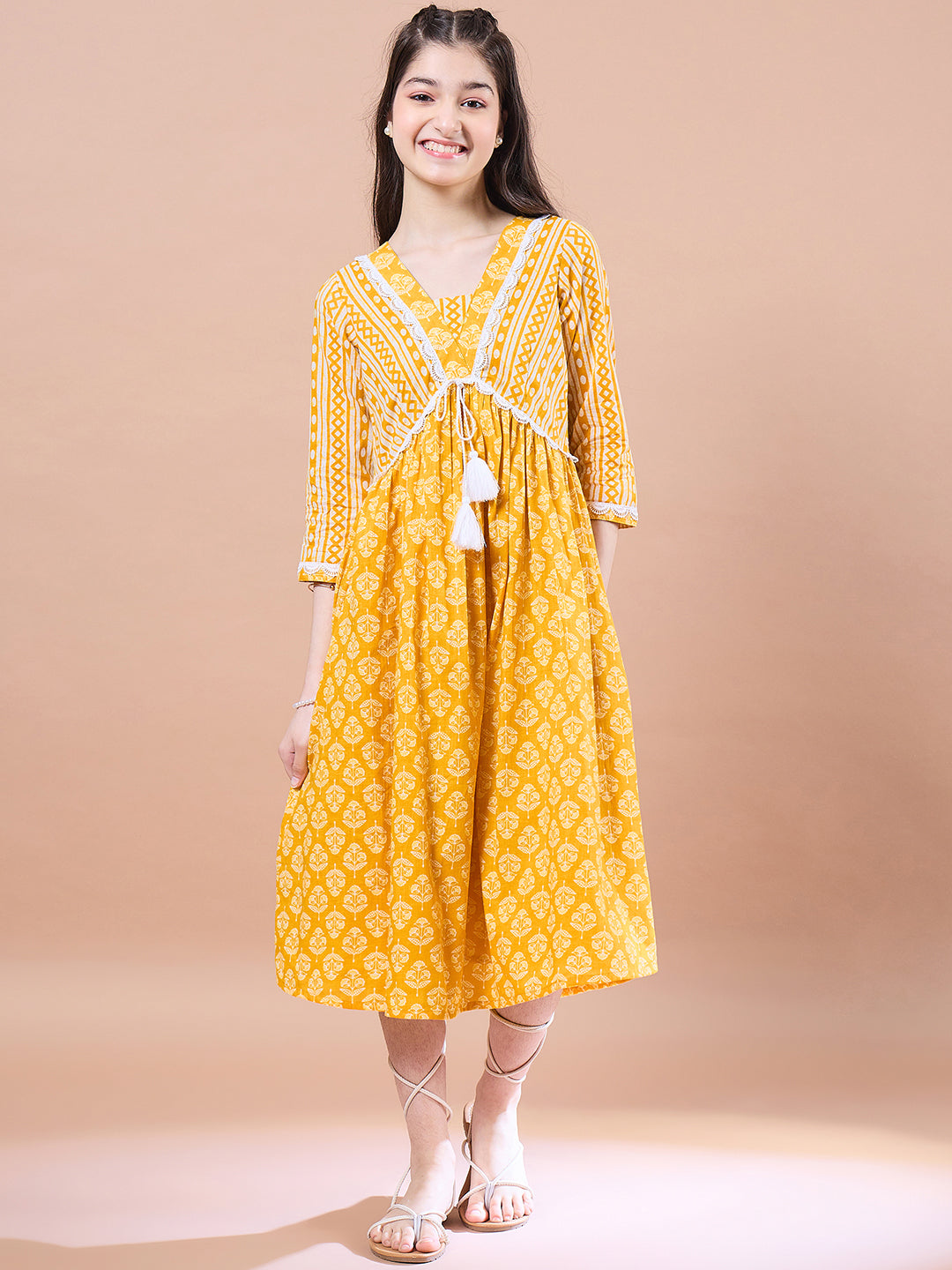 Girls Ethnic Motifs Print Cotton V-Neck A-Line Midi Dress