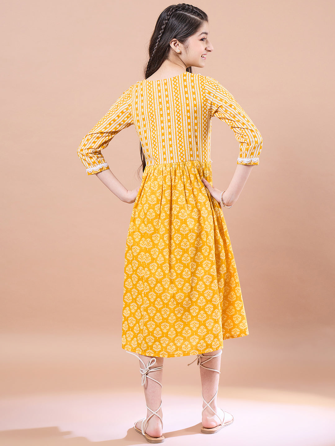 Girls Ethnic Motifs Print Cotton V-Neck A-Line Midi Dress
