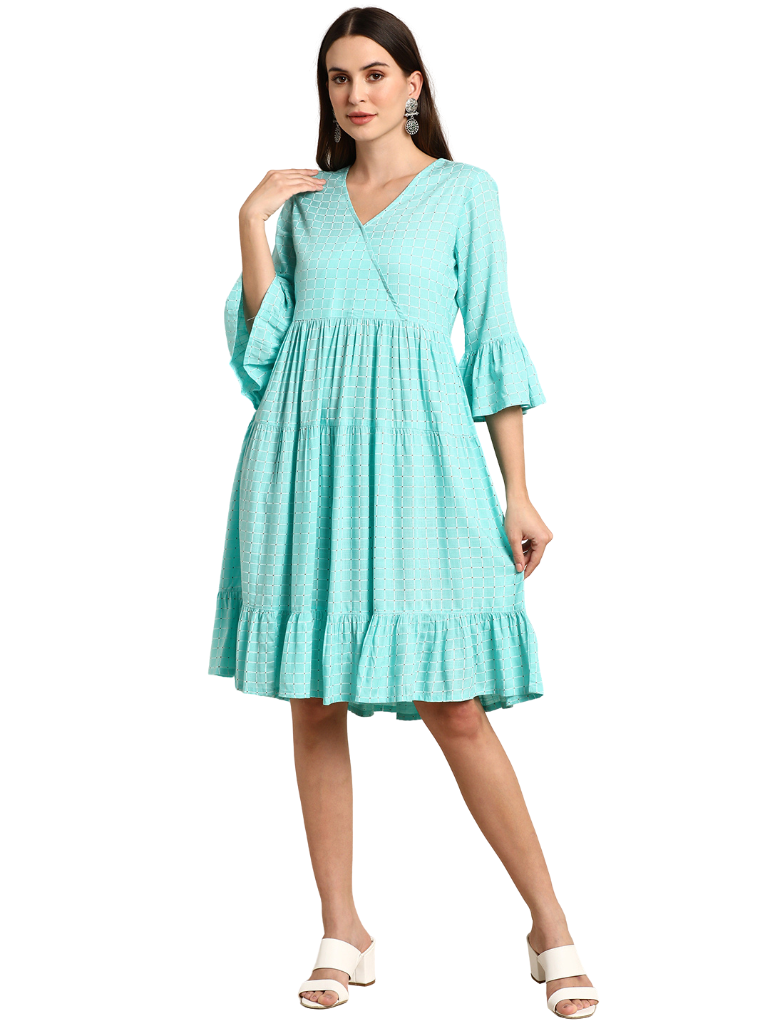Women's Turquoise Rayon Checkered Flared Western Dress