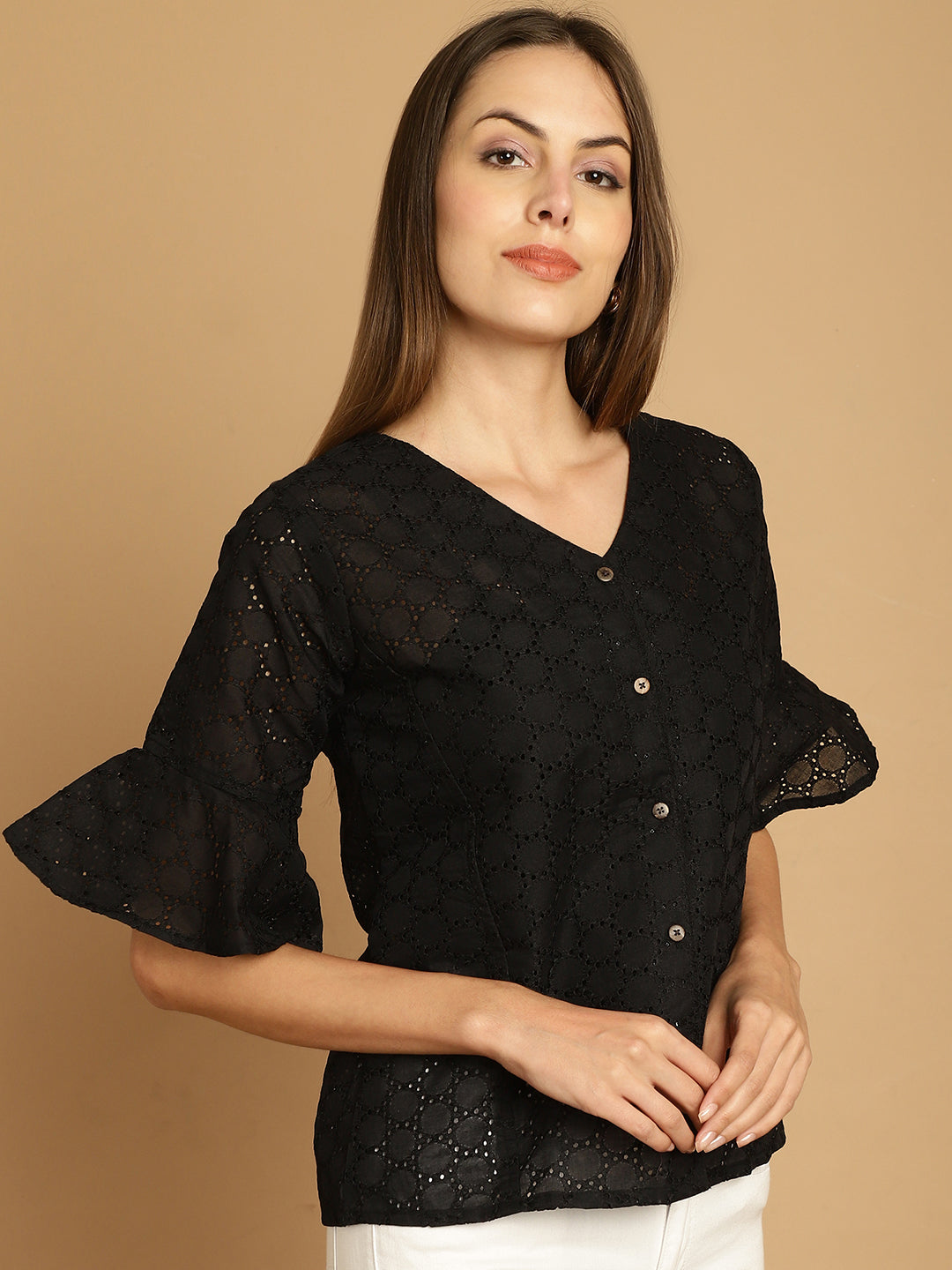 Women's Embroidered Cotton V-Neck Top for Women