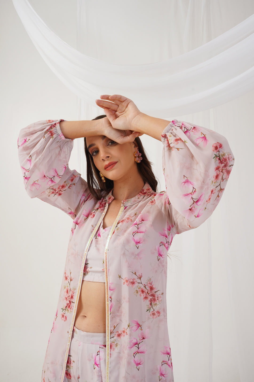Women's Cream Floral Printed Crop Top with Trousers & Shrug