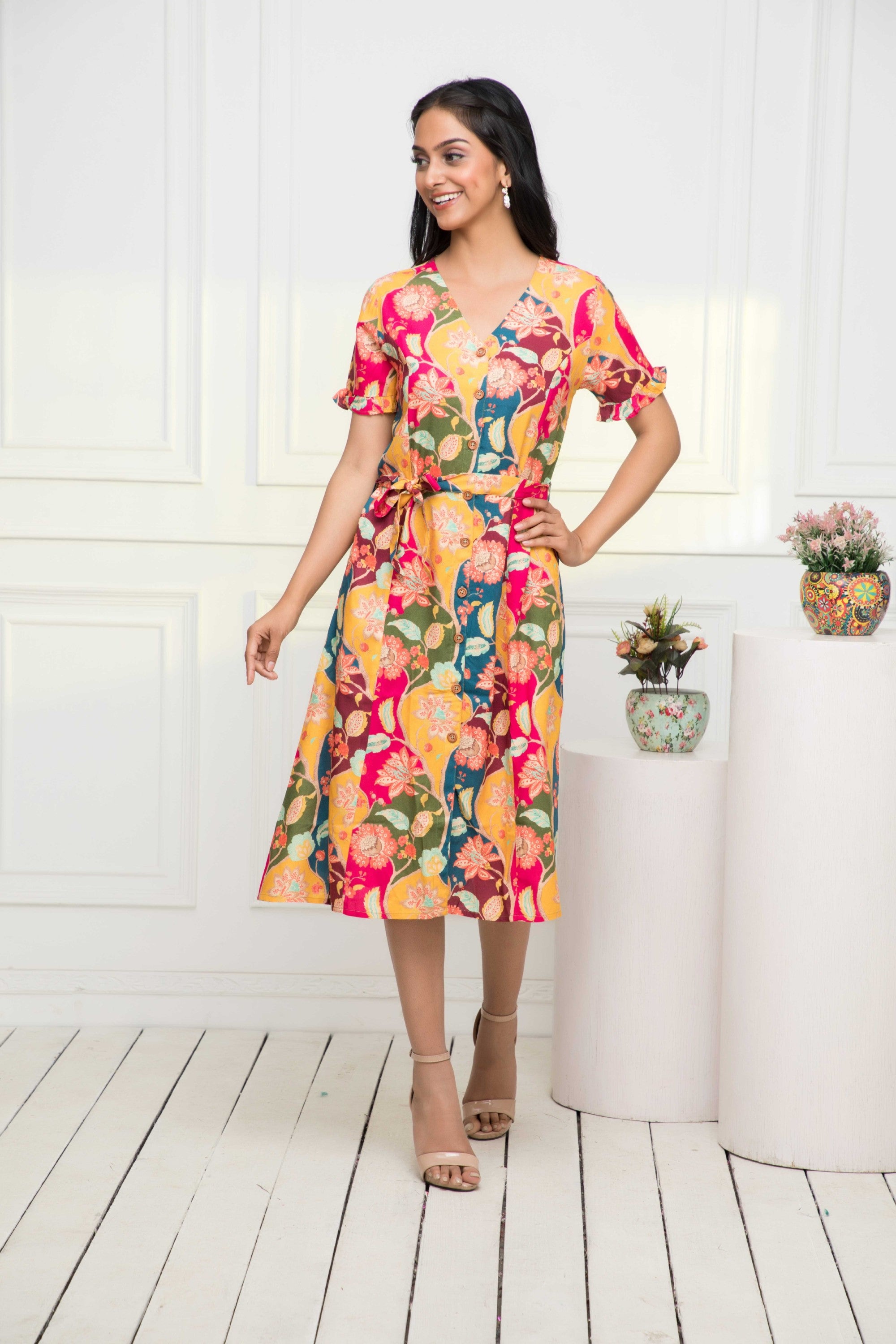 Women's Multi Abstract Rayon A-Line V-Neck Dress