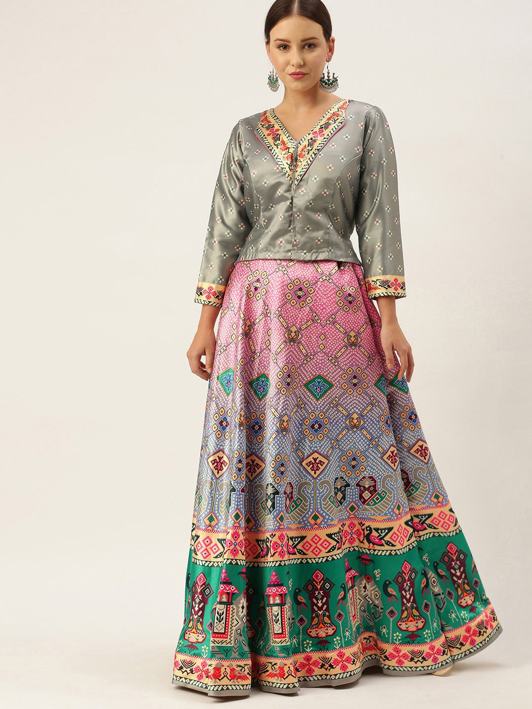 Women's Bandhni Patola Type Digital Print Shiney Satin Croptop Lehenga Choli With Unstitched Blouse