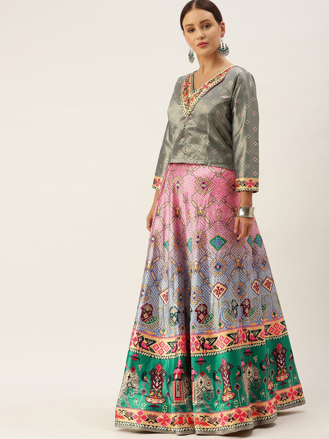 Women's Bandhni Patola Type Digital Print Shiney Satin Croptop Lehenga Choli With Unstitched Blouse