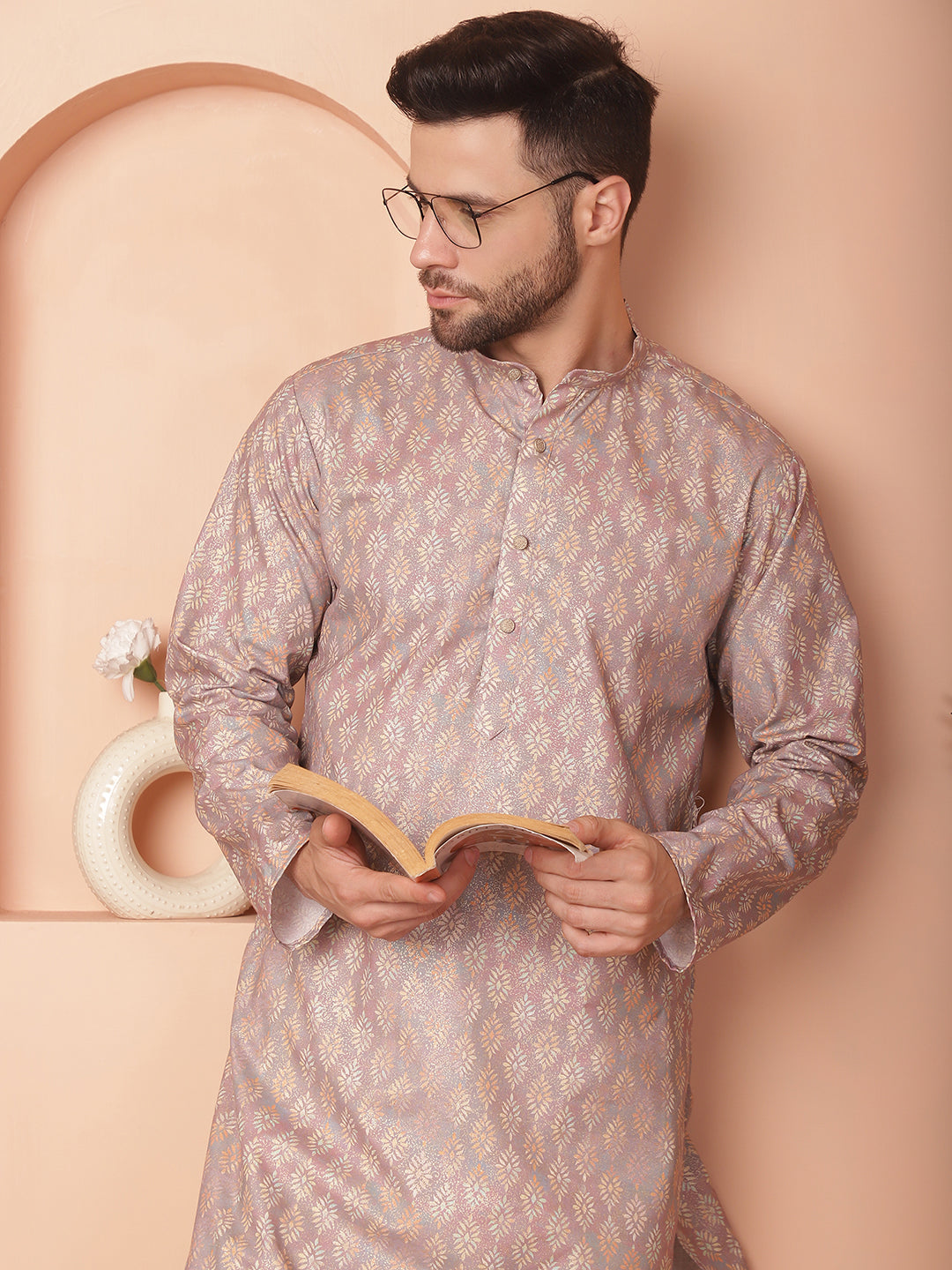 Men's Peach Foil Printed Kurtas