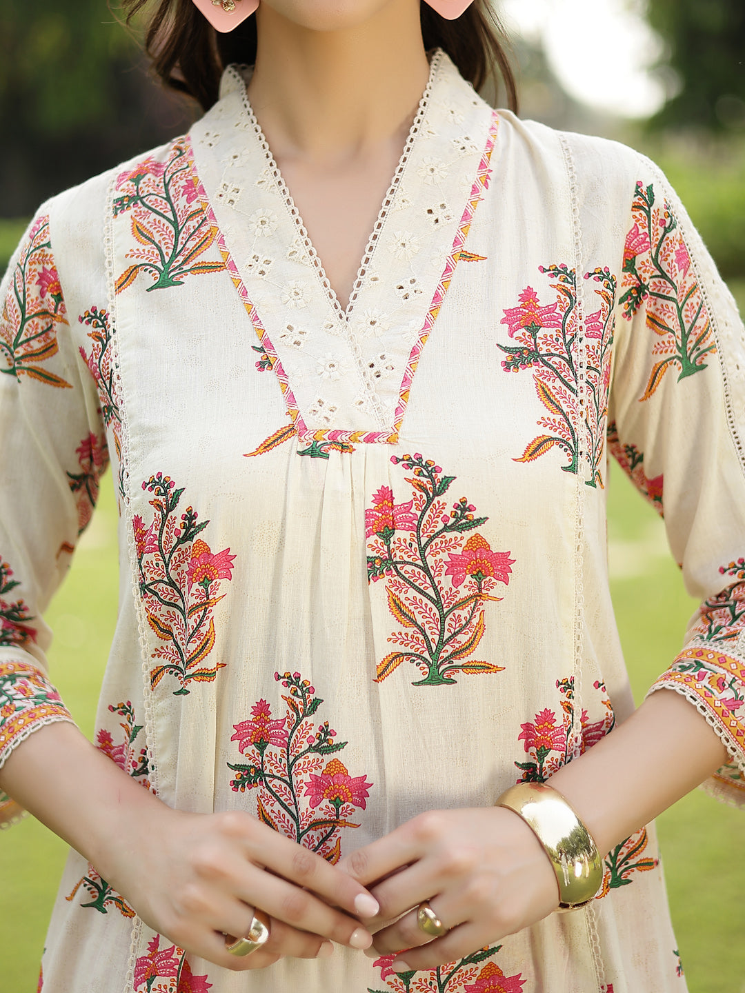Women's Cream Floral Printed Cotton A-Line Kurta Pant Dupatta Set