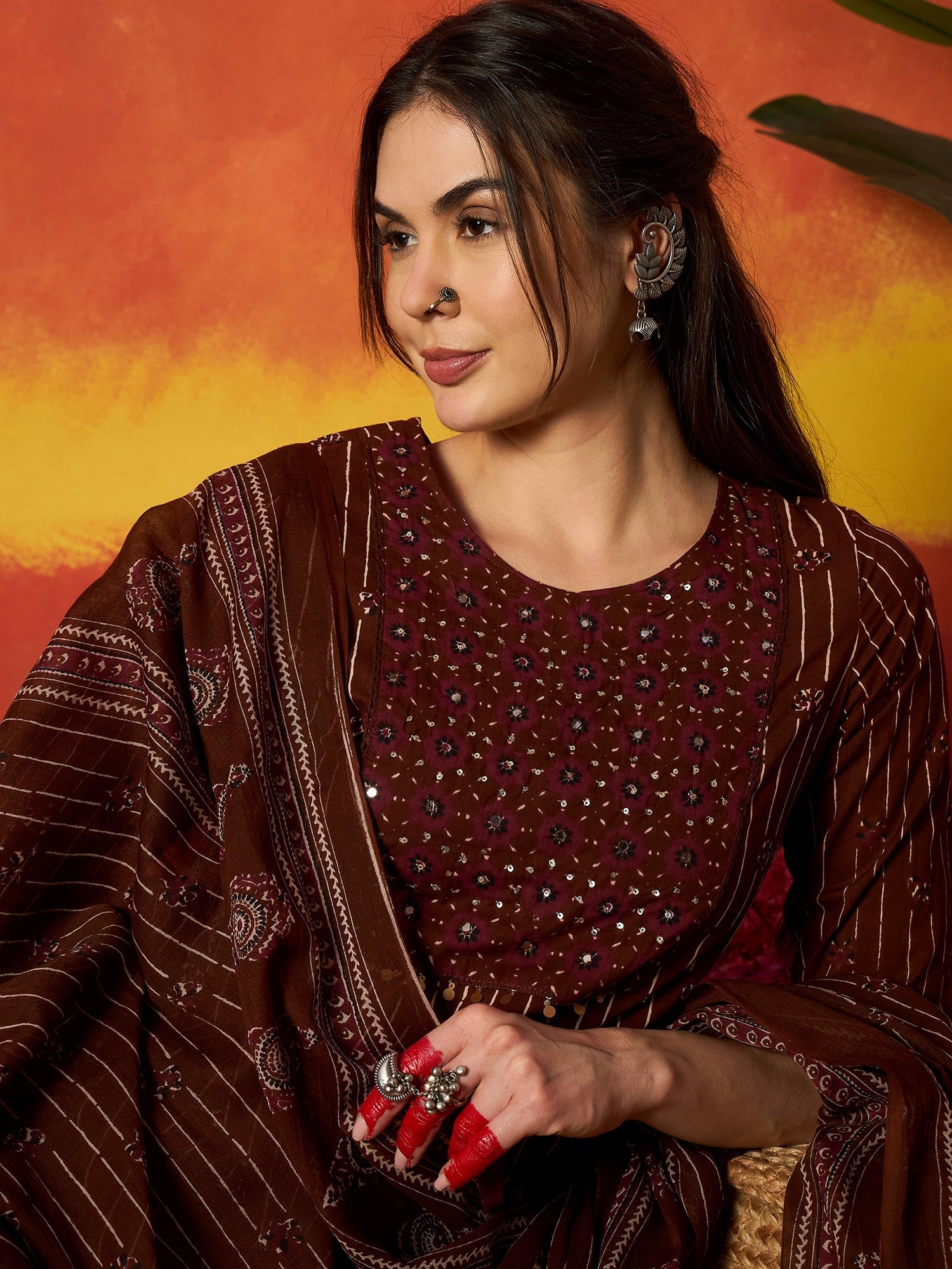 Women's Maroon Striped & Floral Printed Cotton Straight Kurta Pant Dupatta Set