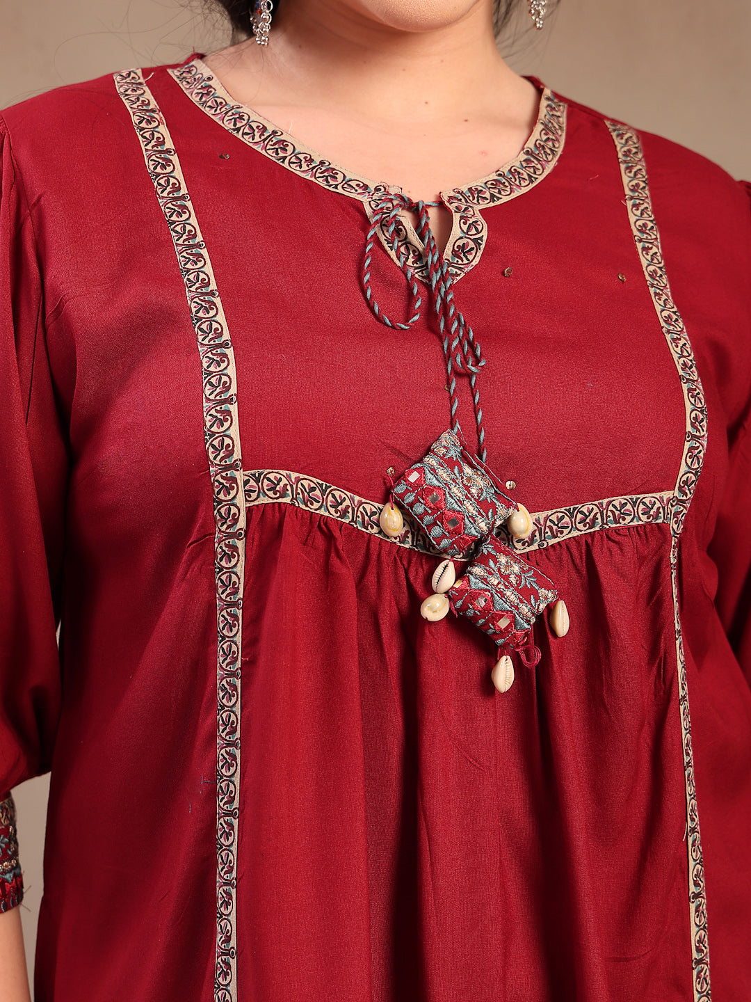 Women's Plus Size Maroon Solid Cotton Kurta Pant Dupatta Set