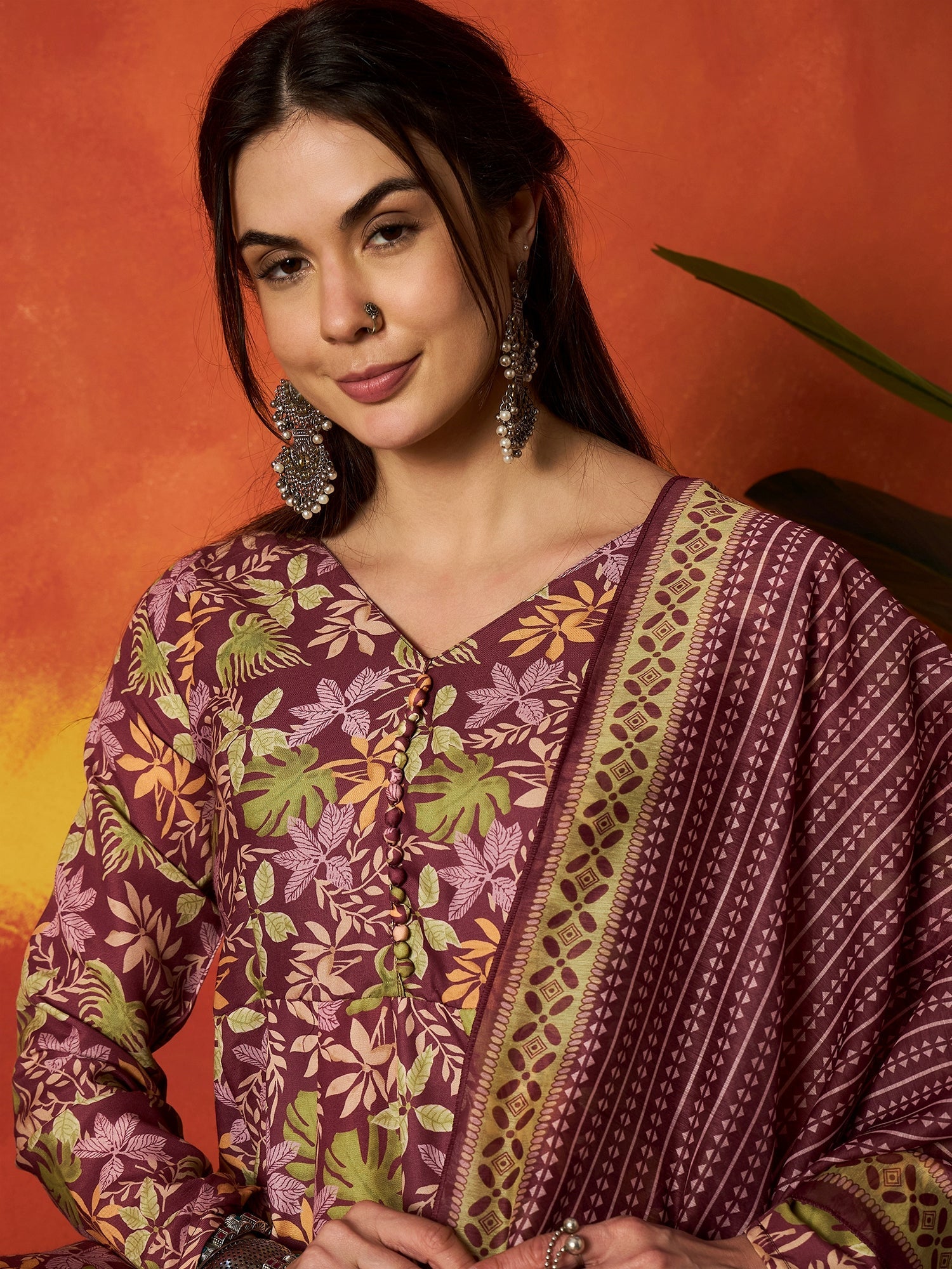 Women's Mauve Floral Printed Rayon Anarkali Kurta Pant Dupatta Set