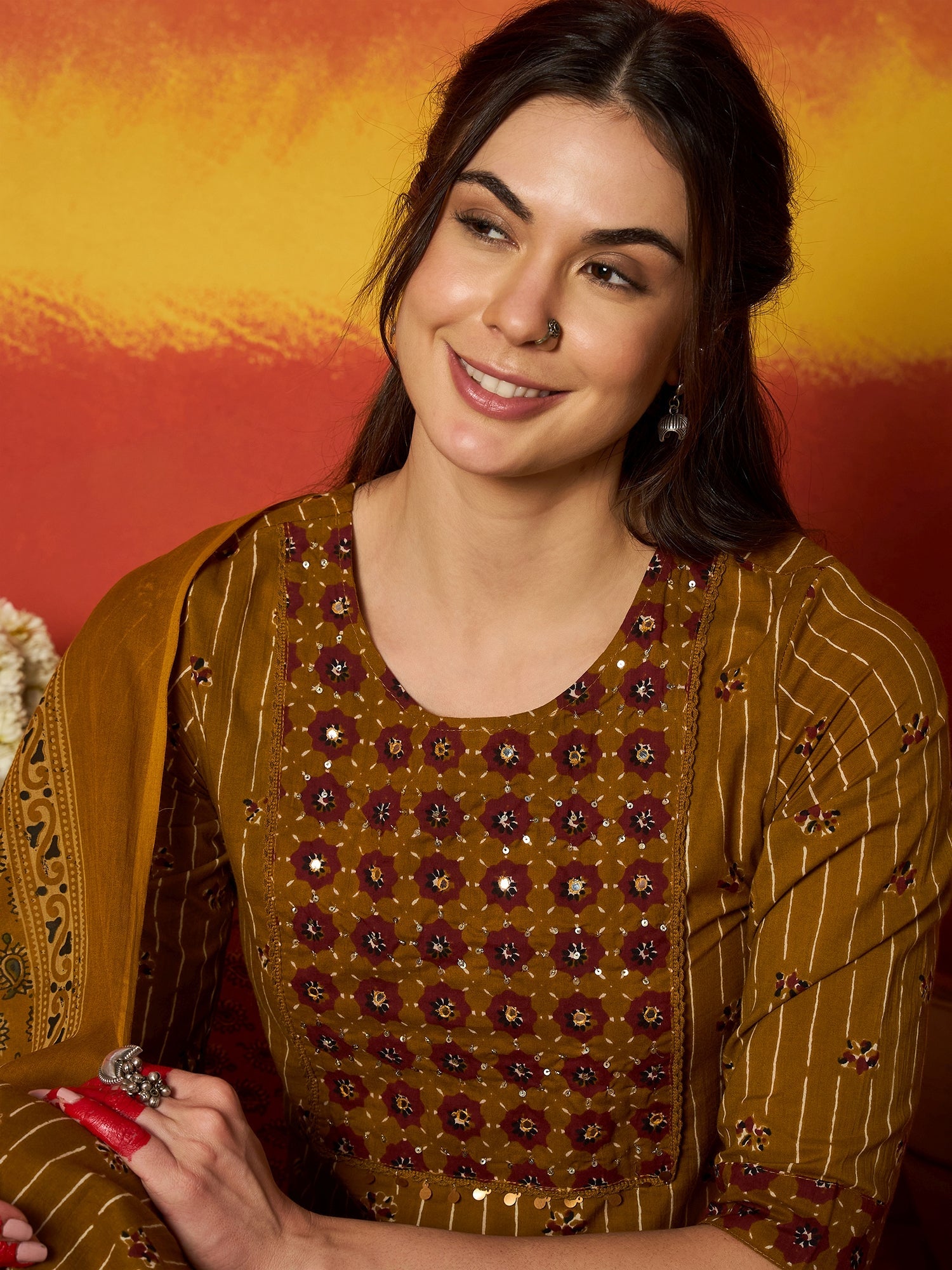 Women's Mustard Striped & Floral Printed Cotton Straight Kurta Pant Dupatta Set