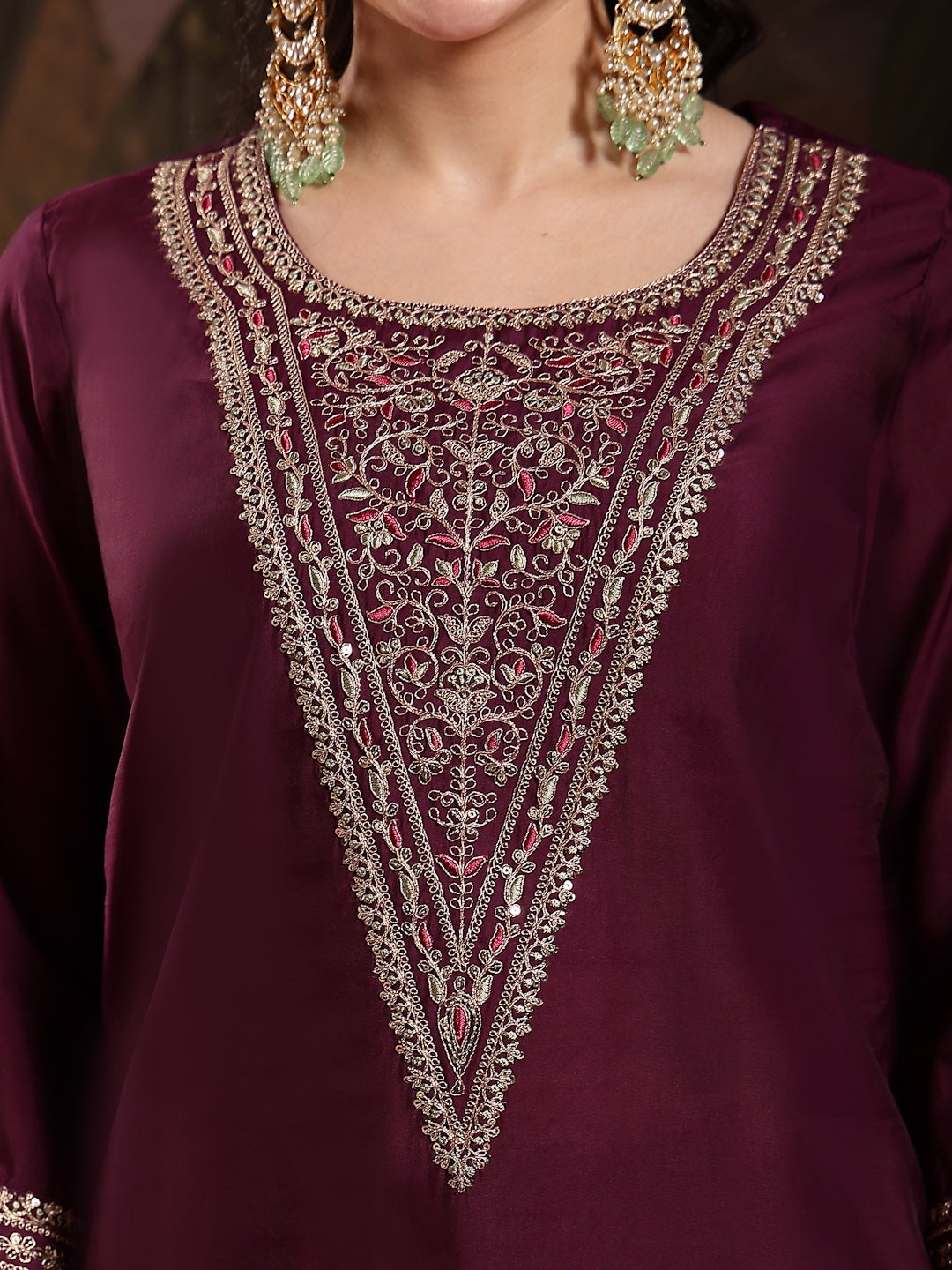 Women's Purple Solid & Embroidered Silk Blend Straight Kurta Pant Dupatta Set