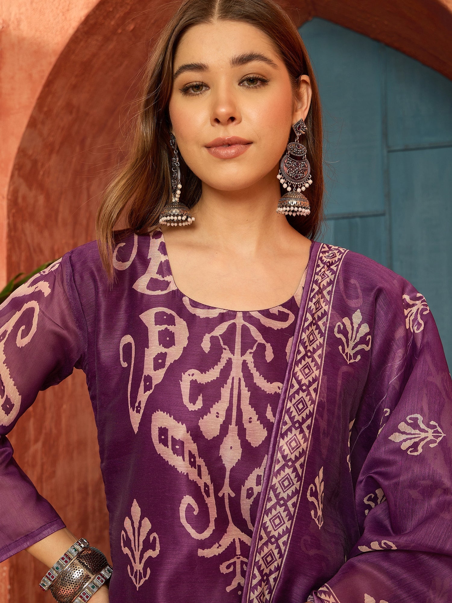 Women's Purple Ikkat Printed Chanderi Straight Kurta Pant Dupatta Set