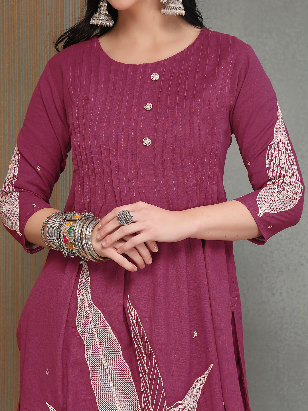 Women's Pink Solid & Embroidered Cotton A-Line Kurta Pant Set