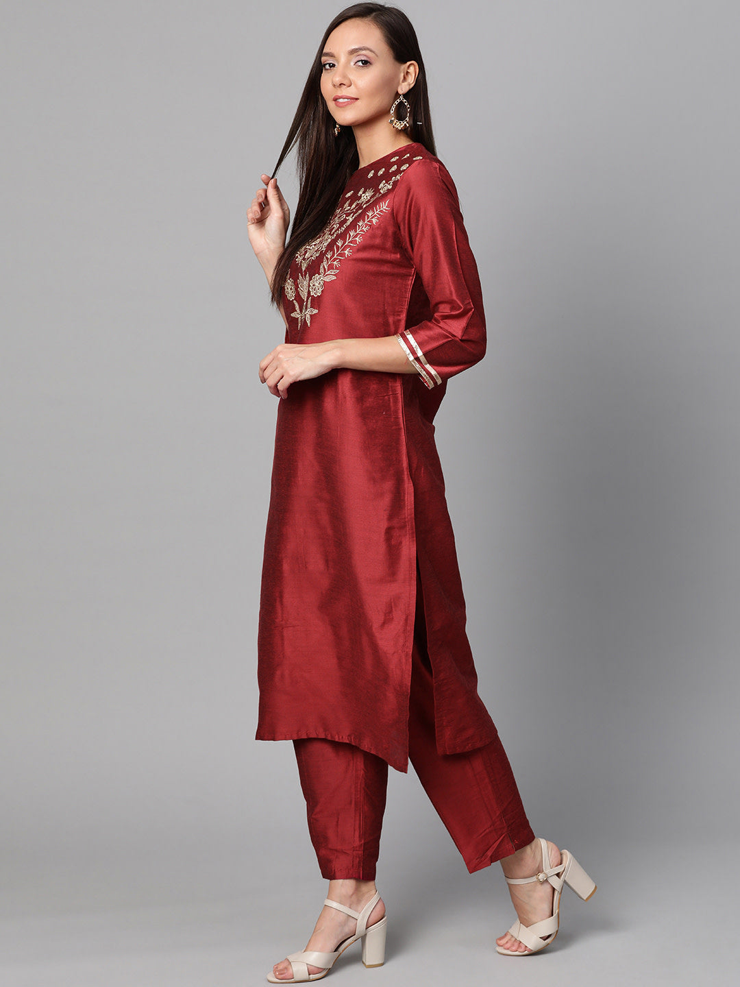 Women's Maroon And Golden Yoke Design Kurta With Trousers