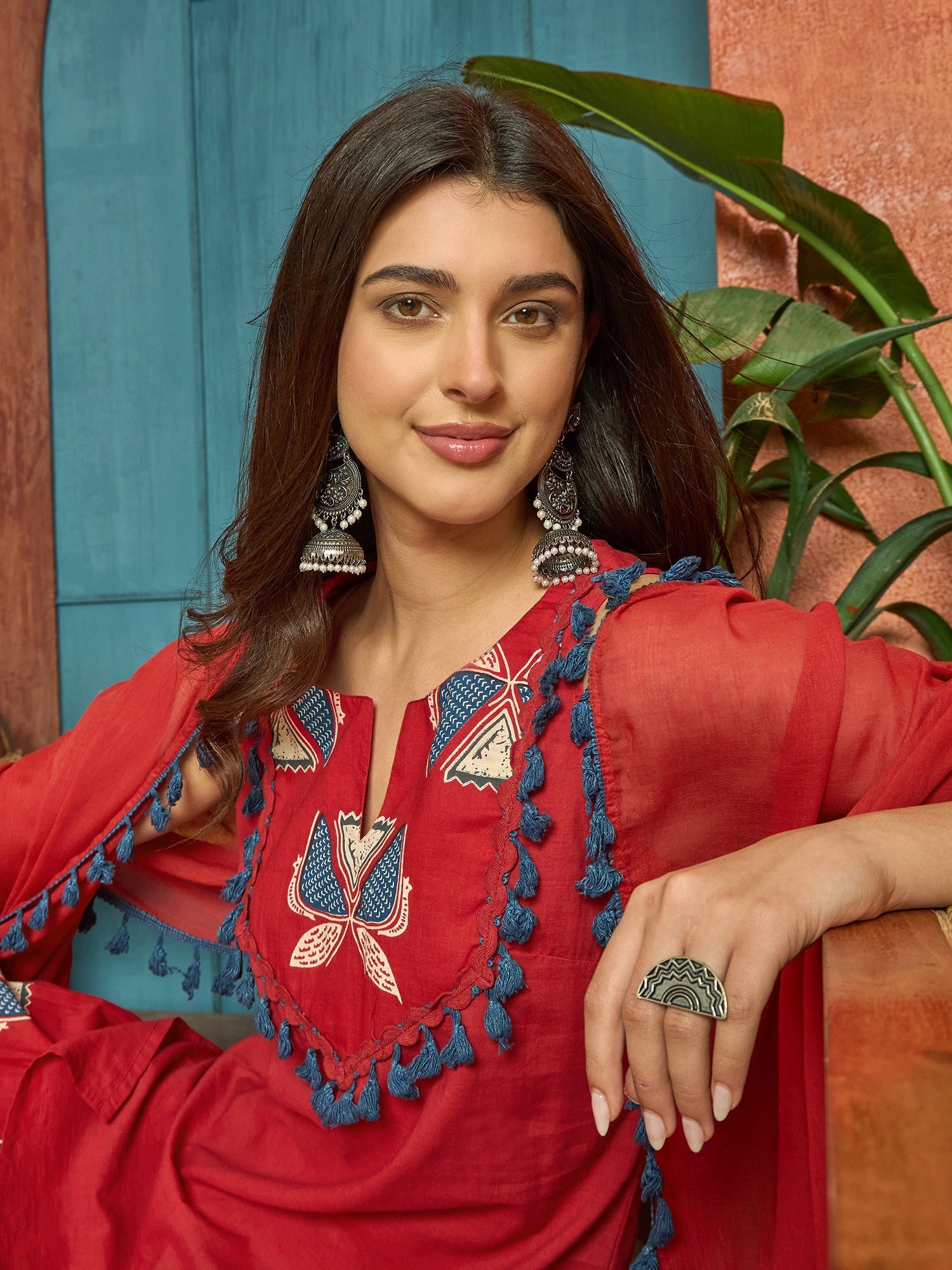 Women's Red Solid Cotton Straight Kurti Salwar Dupatta Set