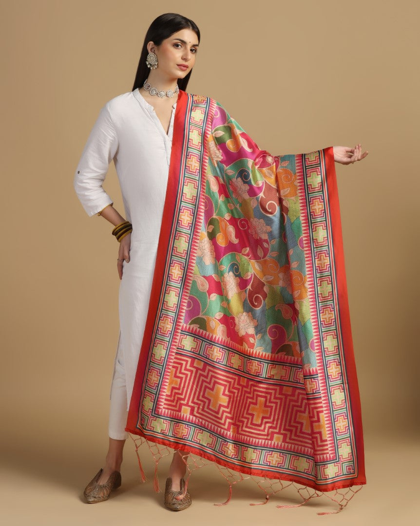 Women's Multi Color Assam Silk Digital Ethnic Motif Print Dupatta