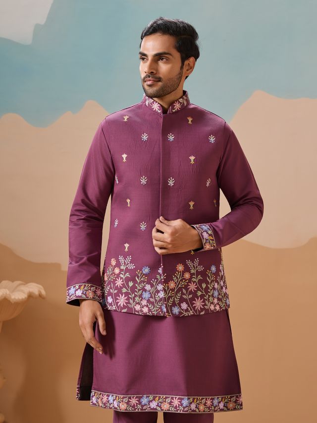 Men's Dusty Purple Viscose Silk Multi Thread With Sequence Embroidered Work Kurta Set